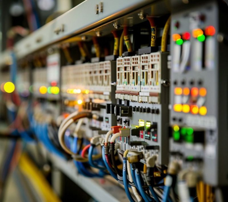 Close-up of a control panel with circuit breakers, indicator lights and neatly terminated wiring